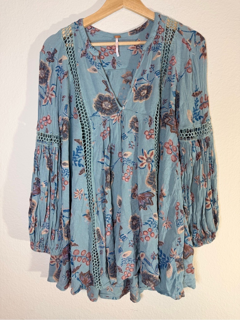 Free People Floral Crochet Lace Mini Dress Tunic Blue Boho S - Picture 3 of 10